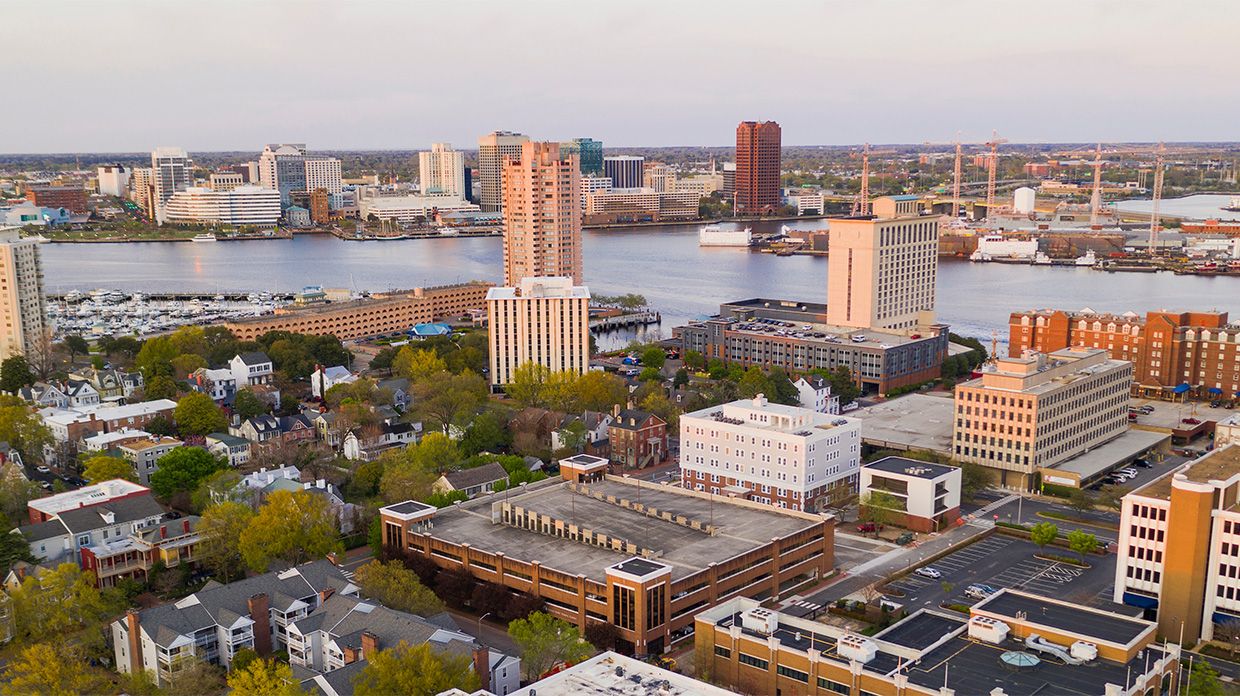 Aerial View of the city in Portsmouth Virginia