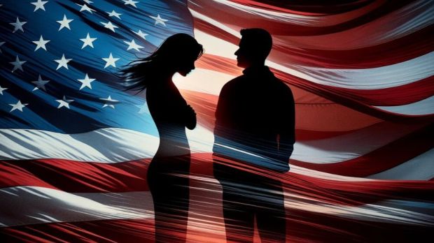 Military couple standing behind an American flag