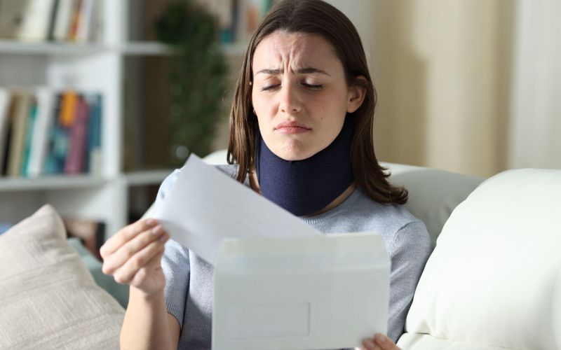 Injured woman with neck brace reads a letter, concerned, sitting on a couch in a living room.