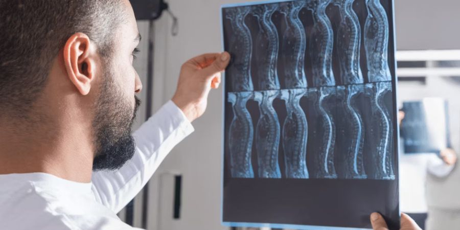 Doctor holding up x-rays and looking at them 