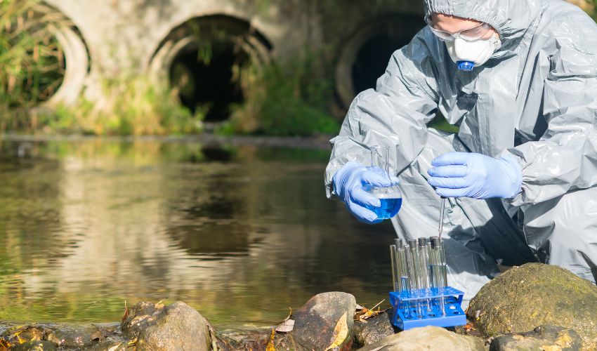 man wearing a hazmat suit testing water from a river