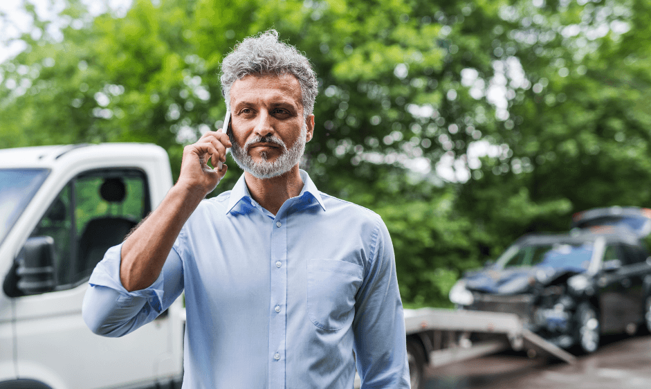 A concerned man with gray hair and a beard making a phone call at the scene of a truck accident. A tow truck and damaged vehicle are visible in the background, highlighting the immediate aftermath of a truck collision and the need for legal assistance.