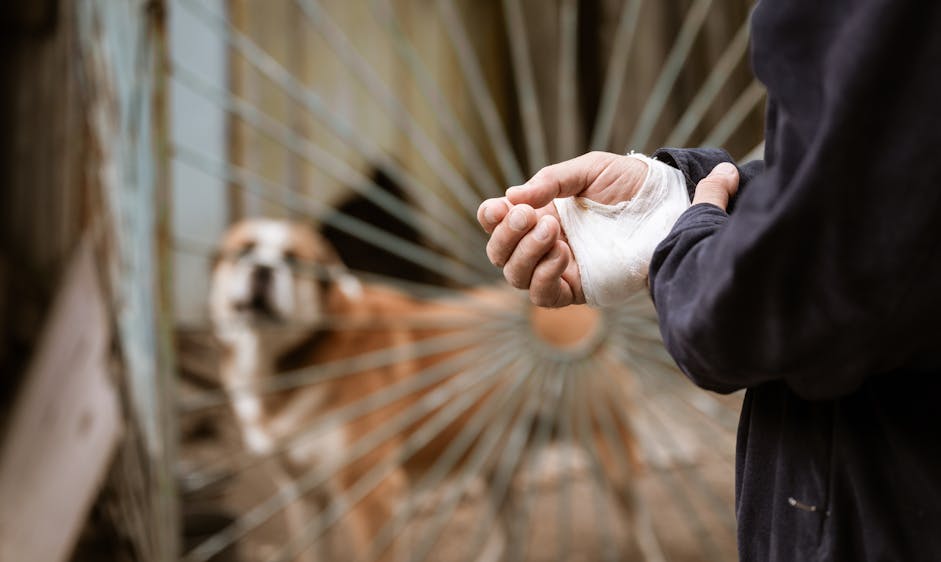 A person with a bandaged hand stands in the foreground, while a dog is seen in the background behind a circular metal gate. The dog appears to be looking at the person, suggesting a possible recent injury caused by the dog.