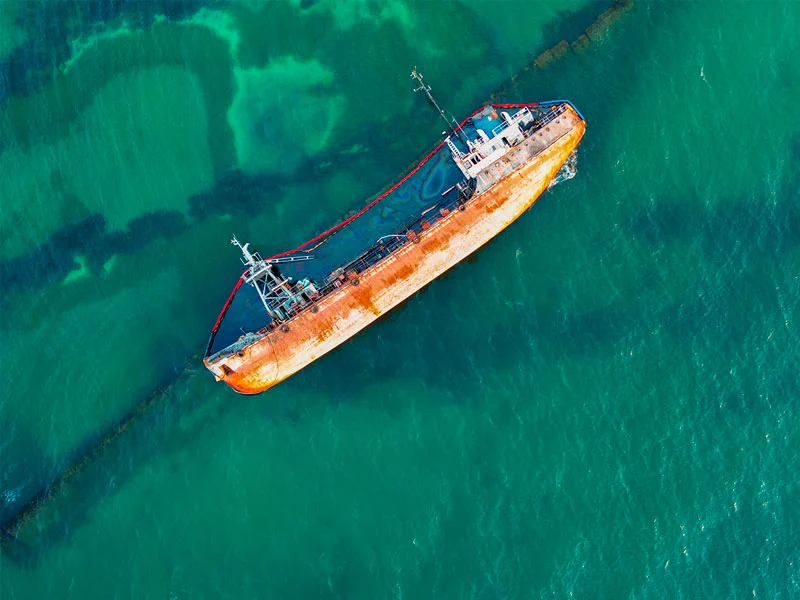 A damaged barge ship on its side leaking oil into the water